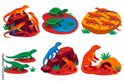 Reptile Social Learning. Isometric vector illustration set Social learning in reptiles: rock-dwelling lizards watching hunting