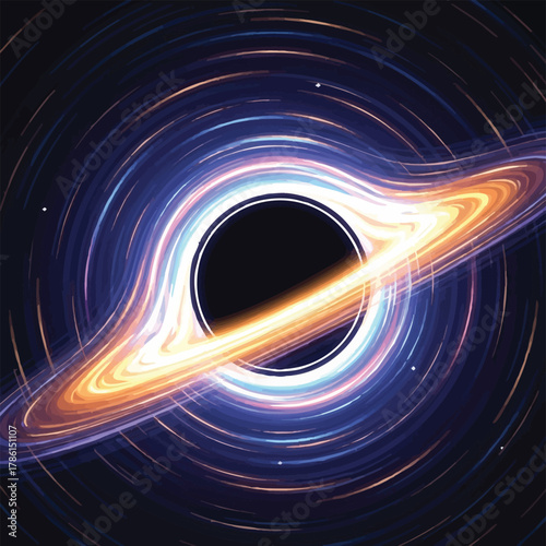 An artistic depiction of a black hole, showcasing the event horizon and the accretion disk of swirling matter around it, in a vibrant display.
