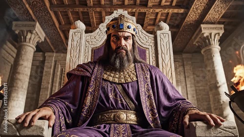 A regal king sits on his ornate throne, surrounded by flickering flames and stone pillars. His commanding presence radiates authority and wisdom in this ancient castle.