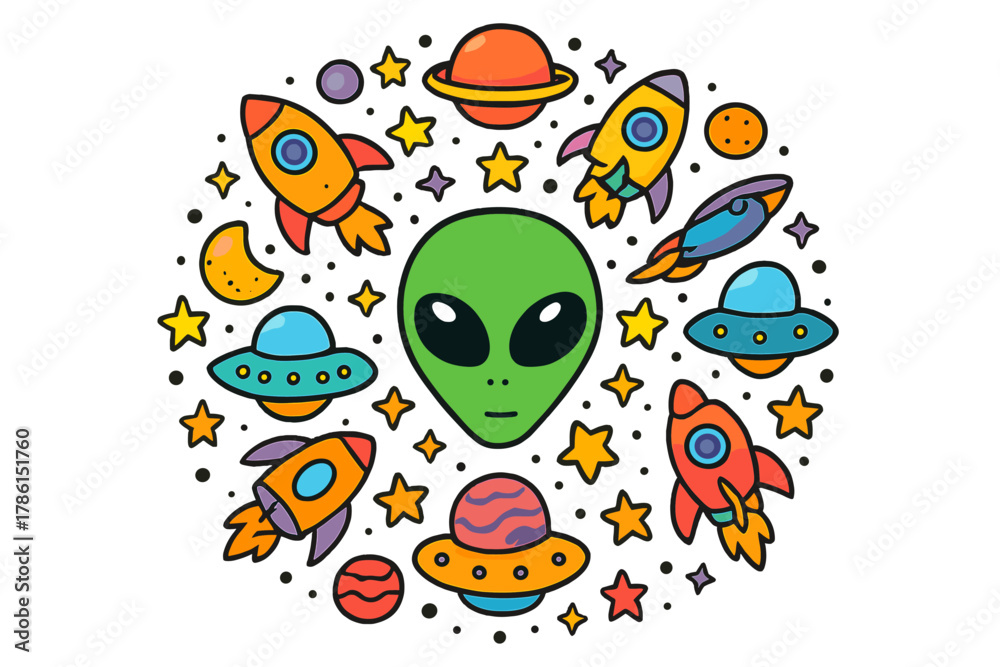 Fototapeta premium Alien Mandala. Alien face in the middle with rockets, spaceships, planets, and stars arranged in decorative mandala pattern,