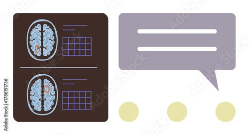 Brain imaging scans with marked areas, chart data, speech bubble, and dots representing analysis and communication. Ideal for neuroscience, data analysis, healthcare, communication, mental health