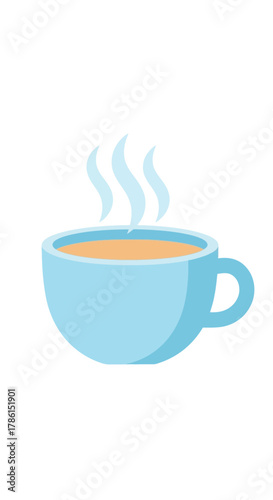 Enjoy a soothing moment with a freshly brewed hot beverage in a simple light blue cup, featuring steam rising gently for a cozy morning or a relaxing break