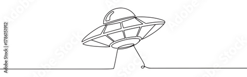 Continuous one line drawing of a UFO or flying saucer. Concept of aliens, science fiction and mystery
