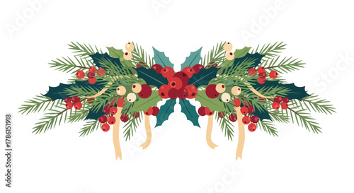A beautifully symmetrical illustration featuring festive evergreen branches, vibrant red holly berries, and delicate green leaves, perfect for holiday season designs and decorations.