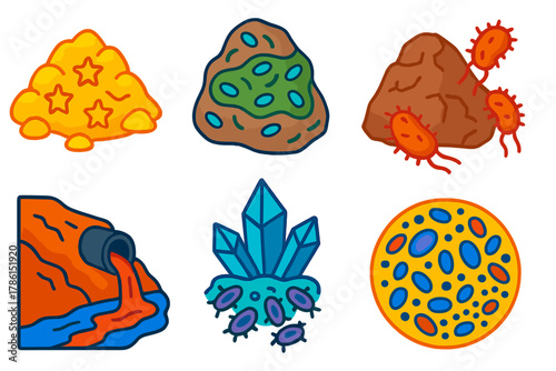 Geomicrobiology Icons Set. Isometric vector illustration set Geomicrobiology: bacteria-induced mineral deposits, rock biofilms,