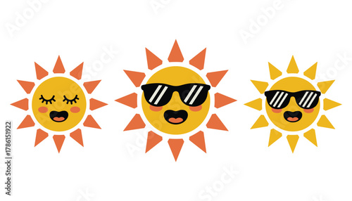 Three cartoon sun characters with happy expressions one with closed eyes and rosy cheeks and two wearing sunglasses