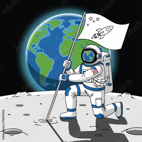 An astronaut kneels on the moon, planting a flag with a rocket, Earth in the background, symbolizing space exploration and discovery for the future.