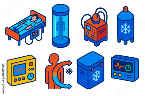 Cryonics Equipment Icons. Isometric vector illustration set Cryonics protocol: patient stabilization equipment, vitrification