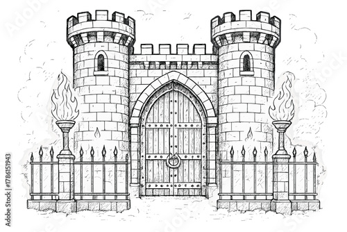 Gothic Castle Gate. Gothic castle gate with heavy iron doors, spiked fences, and torches flickering in the fog, black and white