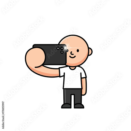 Simple line art illustration of a cute cartoon character holding a mobile device and taking a self-portrait picture with a flash