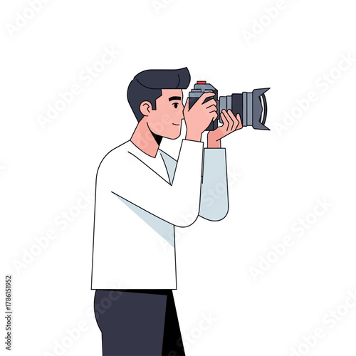 Person taking photo with professional camera, creating engaging visual stories, capturing memories and moments