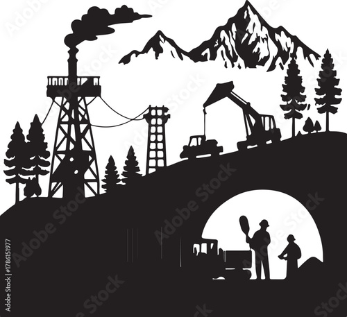Mining operation with drilling rig, excavators, and workers in a mountainous landscape Keywords: mining, operation, drilling rig, excavators, workers, mountains, landscape, industry, construction