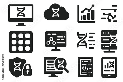 Genetic Data Icons. Solid style icons of genetic data analysis: computer screen with helix, cloud storage with DNA, bar chart