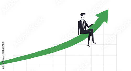 Business Growth Man Riding an Ascending Green Arrow, Representing Success and Progress