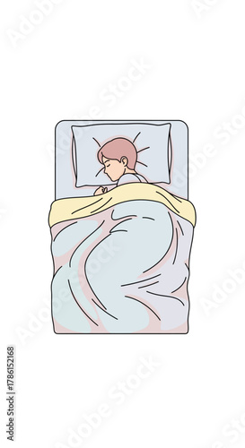 Minimalist top-down illustration of a person enjoying a peaceful and comfortable sleep in a cozy bed, covered by a light blanket, symbolizing rest, relaxation, and personal well-being