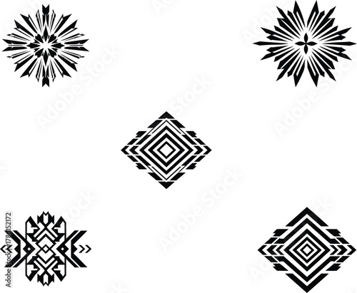 Set of aztec and native american tribal symbols. geometric sunburst, rhombus, and abstract elements perfect for tattoo, logo, and decorative design in black and white vector.