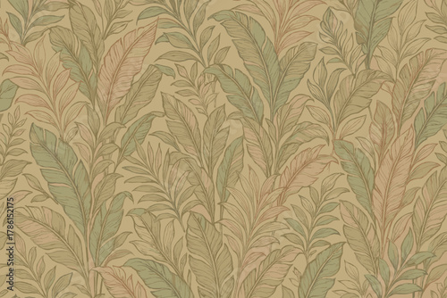 Botanical Vintage Wallpaper. Artistic vintage wallpaper with an intricate botanical pattern of tropical leaves, soft muted tones,