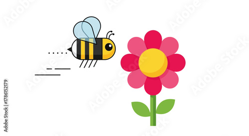 Cartoon Bee Buzzing Towards a Colorful Flower, Illustrating Pollination and Springtime