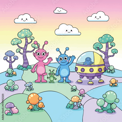 A whimsical illustration features friendly aliens waving in a colorful, cartoonish landscape with smiling clouds and unique flora.