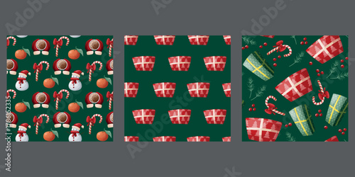 Seamless festive pattern with Christmas gifts. Pattern with colorful gifts. Edging, ribbon, border of outline festive Christmas symbols. Vector flat seamless border with gift boxes