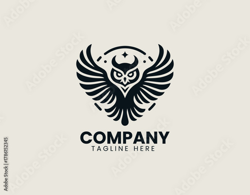 Majestic owl silhouette vector logo illustration with powerful, symmetrically spread wings and detailed feather texture. Wisdom and power concept