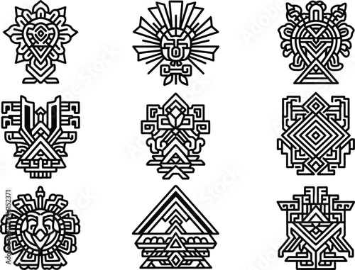 Set of aztec and maya ancient tribal god and geometric symbols. native american decorative emblems and abstract elements for tattoo and logo design.