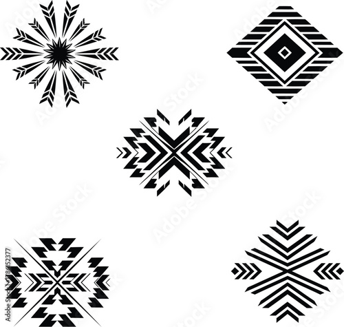 Tribal and ethnic vector geometric patterns set. Containing essential shapes like diamond, arrows, sunburst, native designs, and bohemian ornamental elements.