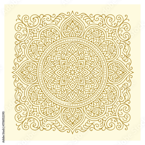 Grand circular arabesque filigree mandala with dense lace details on cream