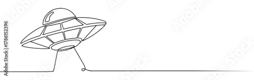 Continuous one line drawing of a UFO or flying saucer. Concept of aliens, science fiction and mystery