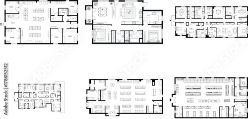 Set of six diverse architectural floor plans for various residential units