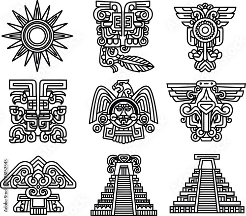 Collection of ancient aztec and maya tribal symbols set. native american sun, eagle, pyramid, and god icons perfect for tattoo, logo, and decorative design in vector illustration.