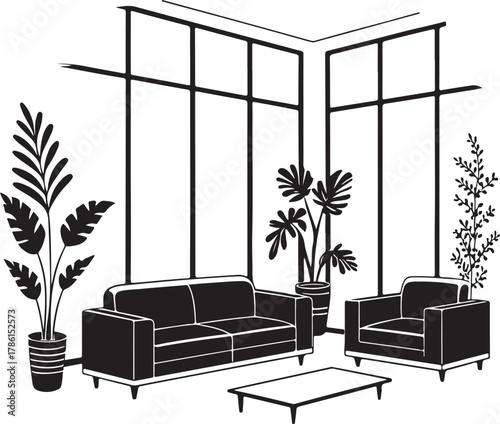 Modern living room interior with sofas armchairs coffee table and plants Keywords: living room, interior, modern, sofa, armchair, coffee table, plants, potted plants, furniture, home, decor