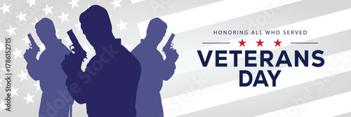 Veterans Day banner with a soldier silhouette saluting, flanked by American flags, set against a background of stars and stripes. Honors veterans and service members who served the USA.
