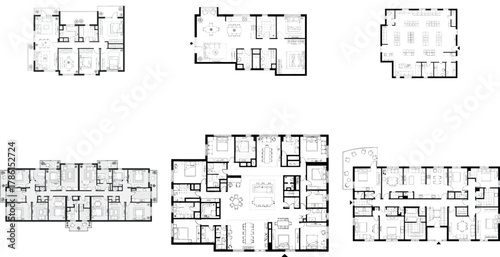 Set of six architectural floor plans