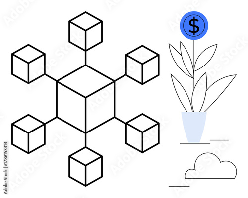 Interconnected cubes form a blockchain network alongside a plant with a dollar sign bloom. Ideal for finance, technology, blockchain, cryptocurrency, growth, innovation, investment. Simple flat