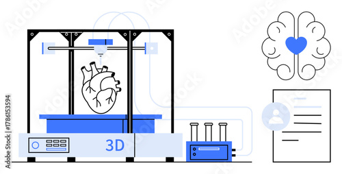 3D printer crafting human heart model, brain with heart symbol, lab equipment, document. Ideal for medical research, technology, healthcare innovation, bioengineering, education future concepts
