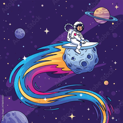 An astronaut rides a colorful comet through the vast expanse of space, exploring planets and galaxies with wonder and curiosity.