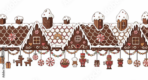 A festive seamless border with gingerbread houses, adorned with white icing and Christmas ornaments, ideal for seasonal designs.