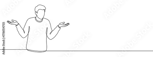 Continuous one line drawing of a person shrugging with open hands. Concept of confusion, uncertainty and lack of knowledge
