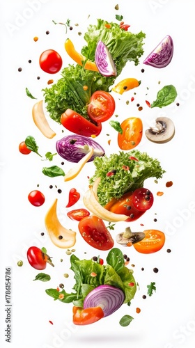 Bright vegetables and greens stand out against a white background, creating a dynamic composition that is ideal for promoting healthy eating in food blogs and supermarket advertising banners.