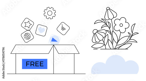 Open cardboard box marked Free releasing apps, gear, and media icons. Flowers and cloud on the side. Ideal for creativity, innovation, growth, technology ecology sharing and potential. Simple flat