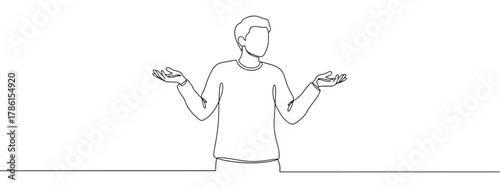 Continuous one line drawing of a person shrugging with open hands. Concept of confusion, uncertainty and lack of knowledge
