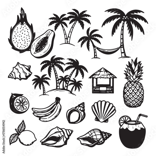 Tropical Vacation Doodle Vector – Hand-Drawn Bali & Thailand Palm Trees, Fruits & Seashells