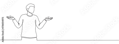Continuous one line drawing of a person shrugging with open hands. Concept of confusion, uncertainty and lack of knowledge