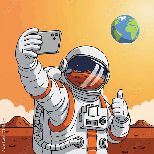 An astronaut on Mars takes a selfie with Earth in the background, showing a thumbs-up gesture, symbolizing space exploration and future endeavors.