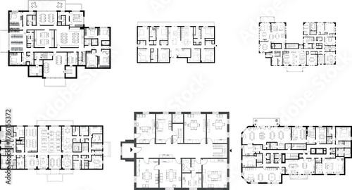 Collection of six different floor plans and architectural blueprints