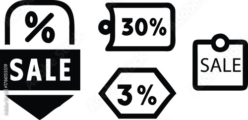 Different styles and shapes sale and discount banner icon with percentage promo commerce shopping vector