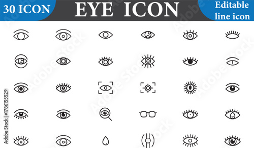 Collection of eye icons isolated on white background, editable line icon set