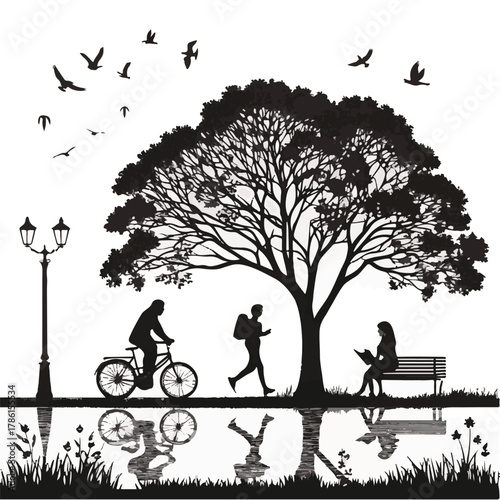 People cycling walking and reading on a park bench with tree and reflections Keywords: people, park, silhouette, cycling, walking, reading, bench, tree, lamp post, birds, flying, reflection, water