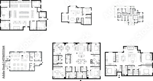 Set of six architectural floor plans and blueprints for various building types